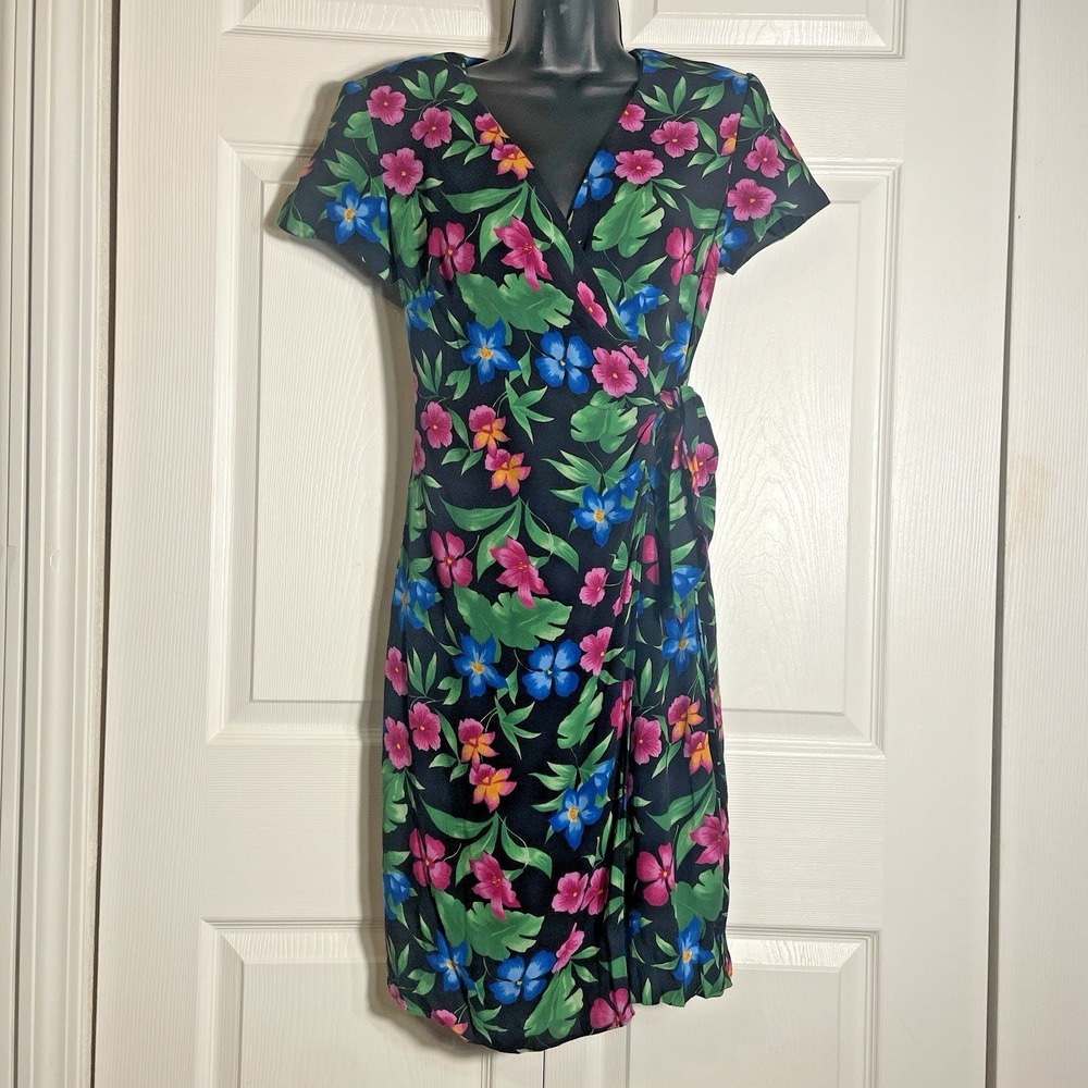 Vintage Virgo Wrap Dress Women 6 Black Pink Blue Floral 90s Short Sleeve V Neck